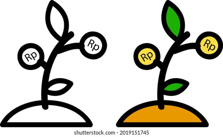 einfaches Vektorsymbol, kleine Anlage, das Wachstumsinvestitionen mit der Münze von Rupiah darstellt,
