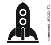 Simple vector icon of a spaceship rocket standing on a launchpad, ready for takeoff