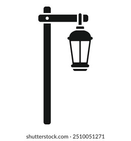 Simple vector icon of a street lamp hanging on a wooden post, creating a classic and charming ambiance