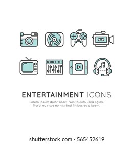 Simple Vector Icon Style Entertainment and Media Set, Video Player, Computer Came, Music Listening, Photography, Camera, Filmmaking, dj, Gamer