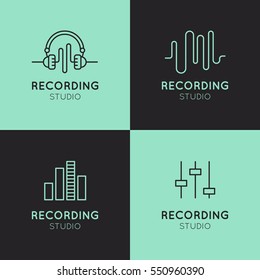 Simple Vector Icon Style Music Logo Set. Recording Studio Labels. Podcast and Radio Badge with Sample Text. Design with Waves, Headphones and Mixing console