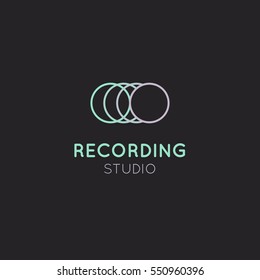Simple Vector Icon Style Music Logos. Recording Studio Label. Podcast and Radio Badge with Sample Text. Design with Waves, Headphones and Mixing console