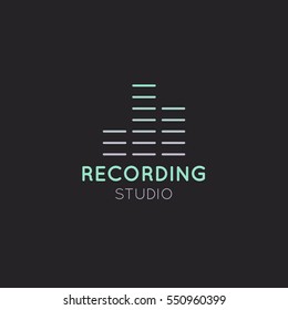 Simple Vector Icon Style Music Logos. Recording Studio Label. Podcast and Radio Badge with Sample Text. Design with Waves, Headphones and Mixing console