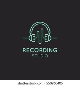 Simple Vector Icon Style Music Logos. Recording Studio Label. Podcast and Radio Badge with Sample Text. Design with Waves, Headphones and Mixing console