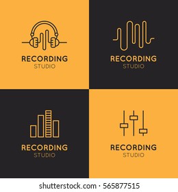 Simple Vector Icon Style Music Logo Set. Recording Studio Labels. Podcast and Radio Badge with Sample Text. Design with Waves, Headphones and Mixing console