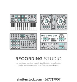 Simple Vector Icon Style Music Logo Set. Recording Studio Label. Podcast and Radio Badge with Sample Text. Design with Mixing console DJ, Rack, Midi Keyboard, Pad and Controller