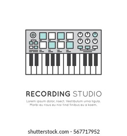 Simple Vector Icon Style Music Logos. Recording Studio Label. Podcast and Radio Badge with Sample Text. Design with Mixing console DJ, Rack, Midi Keyboard, Pad and Controller