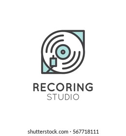 Simple Vector Icon Style Music Logos. Recording Studio Label. Podcast and Radio Badge with Sample Text. Design with Vinyl Player, Disk and Needle