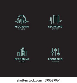 Simple Vector Icon Style Music Logo Set. Recording Studio Labels. Podcast and Radio Badge with Sample Text. Design with Waves, Headphones and Mixing console