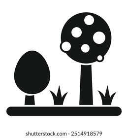 Simple vector icon of a stylized tree with round crown and fruits in black and white