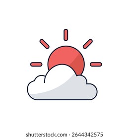 Simple vector icon of a sun behind a cloud, symbolizing sunny or partly cloudy weather. Ideal for weather applications, environmental themes, travel promotions, or any design project related.