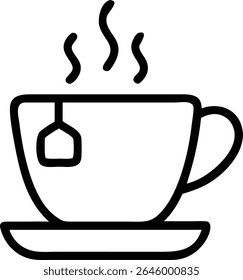 Um simples ícone vetorial de uma xícara de chá com um saco de chá e vapor, perfeito para ilustrar bebidas quentes e momentos relaxantes do tempo do chá.