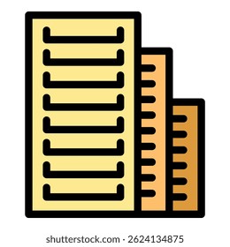 Simple vector icon of three multi storey buildings making up the skyline of a city
