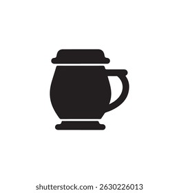 Simple Vector Icon of a Traditional Beer Mug.A solid black silhouette of a traditional beer mug with a lid and handle.