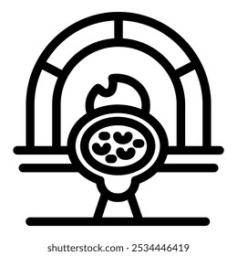 Simple vector icon of a traditional clay oven baking bread with burning firewood