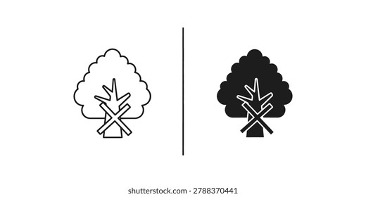 Simple vector icon of a tree with crossed axes symbol indicating prohibition or restriction, suitable for signs and labels.