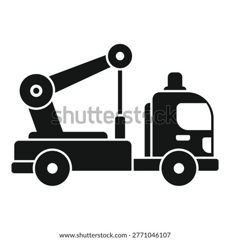 Simple vector icon of a truck with a crane mounted on the back used for lifting objects