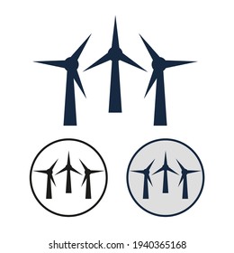 Simple vector icon of the wind turbine. Set of round black and white and color symbol of the field with wind energy converter