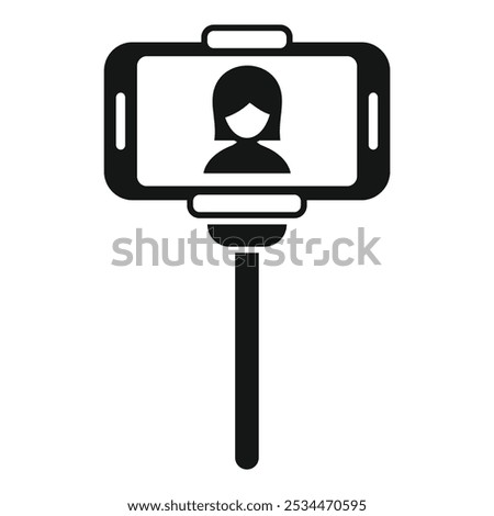 Simple vector icon of a woman taking a selfie with her smartphone on a monopod