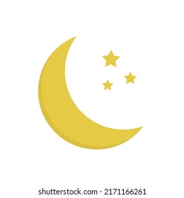 Simple vector icon of yellow moon and stars. Moon isolated on white background.