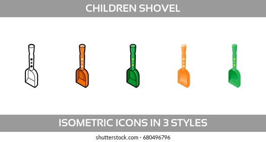 Simple Vector Icons of a baby sand shovel for a boy and a girl in three styles. Isometric, flat and line art icons.