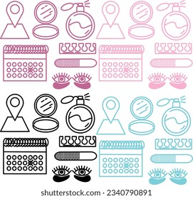 Sencillos iconos vectoriales para el salón de belleza con colores rosa, negro, polvoriento y menta. Localización de los iconos, espejo, perfume retro, cronometría, lima de uñas, divisor de pedicura, parches para los ojos.