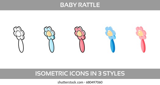Simple Vector Icons of a classic baby rattle for a boy and a girl in three styles. Isometric, flat and line art icons.
