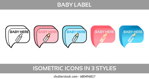 Simple Vector Icons of a classic label baby is here for a boy and a girl in three styles. Isometric, flat and line art icons.