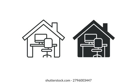 Simple vector icons comparing a traditional home office setup with a modern remote work setup, featuring desks, chairs, and computers in two contrasting styles.