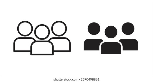 Ícones vetoriais simples que representam um grupo de três pessoas em contorno e estilos sólidos, isolados em branco.