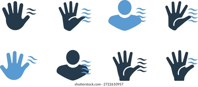 Iconos vectoriales simples que representan manos y figuras humanas con sutiles líneas onduladas, que simbolizan la comunicación, la presencia o la energía.