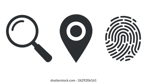 Simple vector icons depicting a magnifying glass, location pin, and fingerprint, ideal for security, search, or location-based applications.