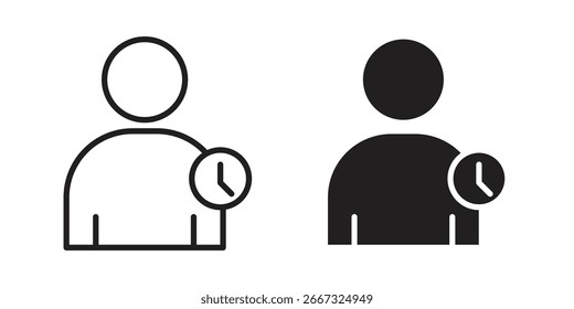 Iconos vectoriales simples que representan a una persona con un reloj, que representan la gestión del tiempo o la programación. Disponible en negro y estilos de contorno.