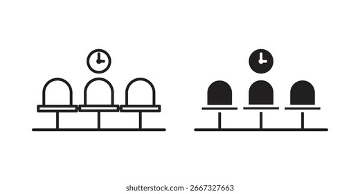 Simple vector icons depicting a waiting area with chairs and a clock, isolated on white.