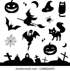 Simple vector icons for Halloween. Halloween elements on white background. 