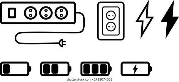 Simple vector icons of a power strip, electrical outlet, lightning bolt, and battery symbol, designed in a clean flat style for energy, power, and electricity projects.