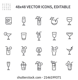 Simple vector icons related to cocktails. Contain icons such as mojito koteil, coconut cocktail, coyac, champagne, and more.