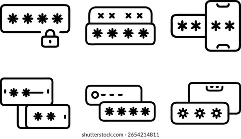 Simple vector icons representing passwords security mobile devices and data protection
