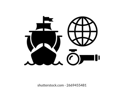 Iconos simples del vector de la nave, de la tierra, y del telescopio para la exploración global