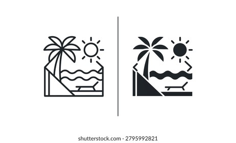 Simple vector icons showing a beach vacation scene under sunny and cloudy weather conditions, featuring palm trees, sun, and lounge chairs for contrasting weather moods.