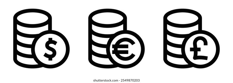 Iconos vectoriales simples de monedas apiladas con símbolos de dólares, euros y libras, que representan las finanzas globales. Trazo editable