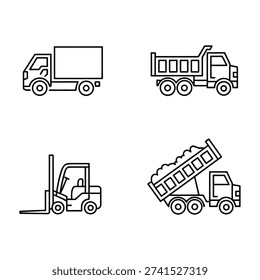 Simple vector icons of trucks and loaders: box truck, dump truck, forklift, and tipper truck unloading cargo, for logistics and construction themes.