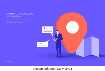 Simple Vector Illlustration. Business man use smart PC with a map and GPS marker.