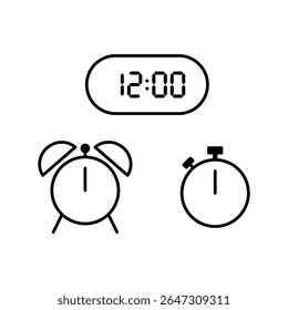 Simple vector illustration of 12 o'clock, timer and 12 o'clock alarm