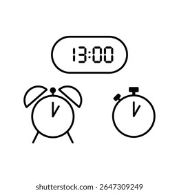 Simple vector illustration of 13 o'clock, timer and 13 o'clock alarm