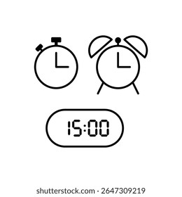 Simple vector illustration of 15 o'clock, timer and 15 o'clock alarm
