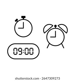Simple vector illustration of 9 o'clock, timer and 9 o'clock alarm