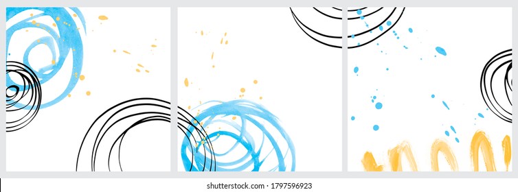 Simple Vector illustration of a Abstract Background. Blue and Yellow Swirls, Waves and Spots with Black Circles Isolated on a White. Hand Drawn Creative Wall Art.
