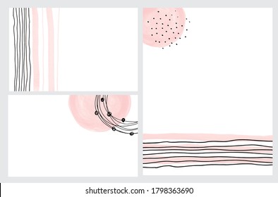 Simple Vector illustration of a Abstract Background. Pastel Pink Dots and Stripes with Black Circles and lines Isolated on a White Layout. Hand Drawn Creative Wall Art.