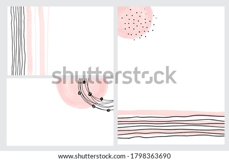 Simple Vector illustration of a Abstract Background. Pastel Pink Dots and Stripes with Black Circles and lines Isolated on a White Layout. Hand Drawn Creative Wall Art.